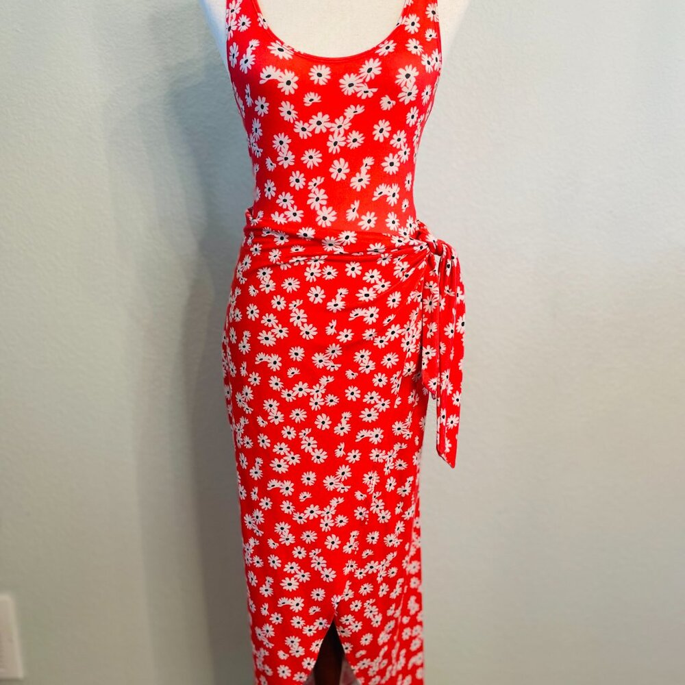 Reformation Red Orange Floral Kalia Stretchy Jersey Knit Wrap Midi Dress | XS